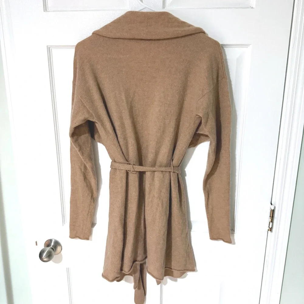 White + Warren 100% Cashmere Belted Wrap Cardigan Sweater Tan Camel Small